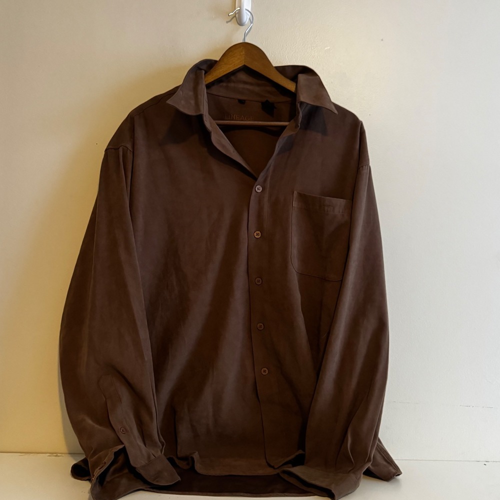 Lineage Men's XL Brown Faux Suede Long Sleeve Button Down Shirt Pocket Fall